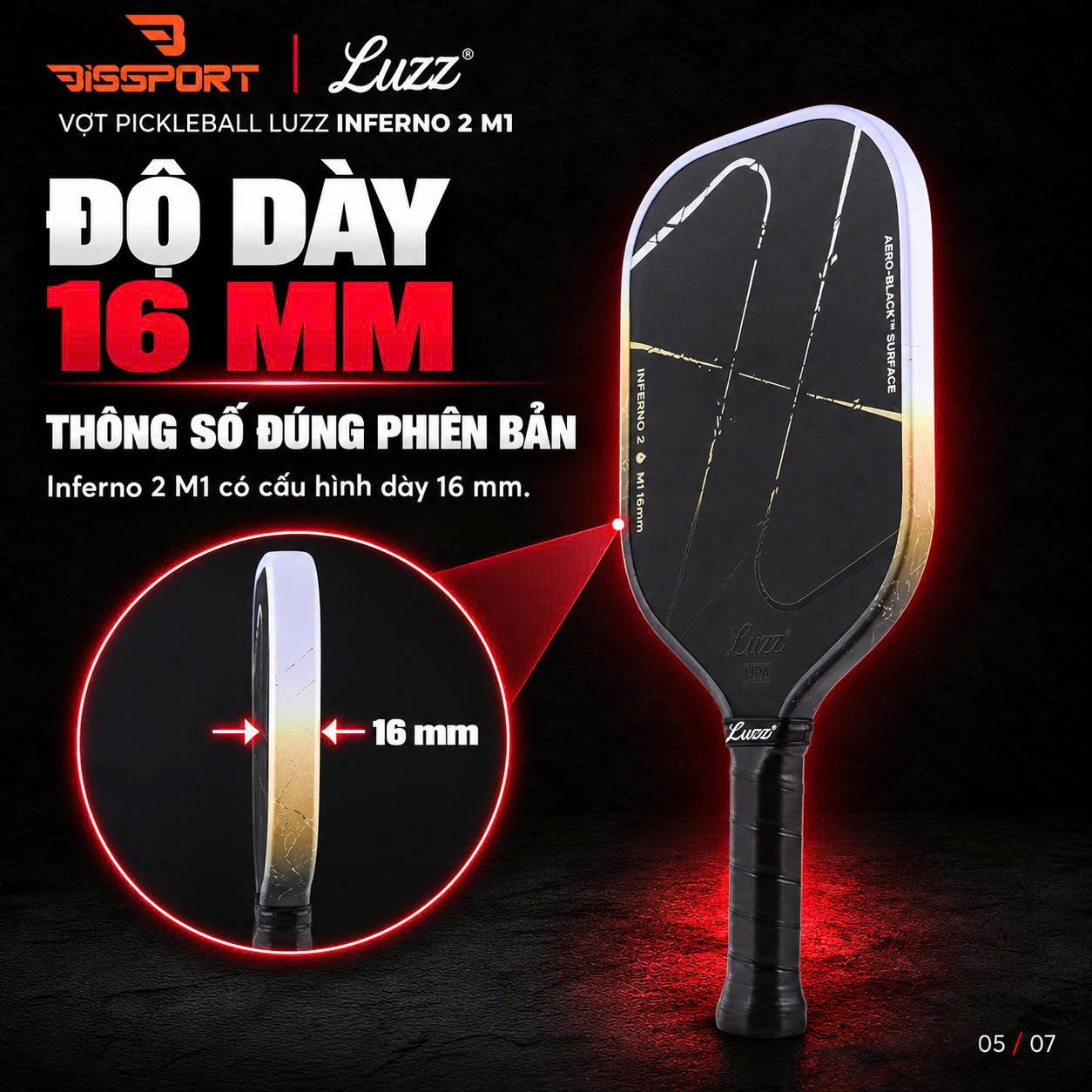Vợt Pickleball LUZZ Inferno2 M1 Chính Hãng - 16mm - Lõi Foam MPP2 - Đánh Công Mạnh - Xoáy Tốt - Bền Bỉ - Ổn Định